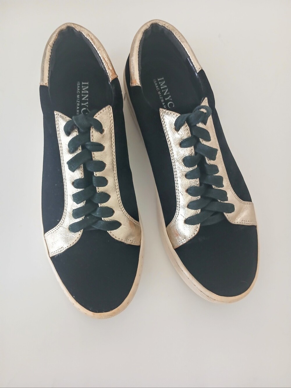 Isaac Mizrahi BLack Velvet & Gold tone Leather trim Sneakers Sz 8.5 EUC